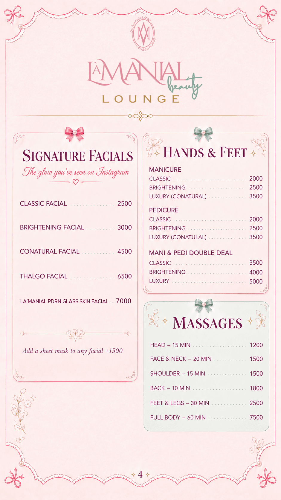 Skin & Spa menu page
